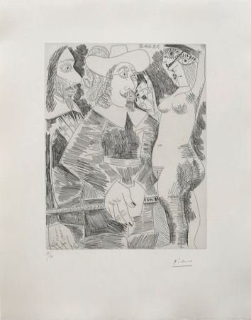 Eau-Forte Picasso - Jeune femme tirant la moustache d'un gentilhomme en train de tortiller son jonc (Les 347, pl. 262) 