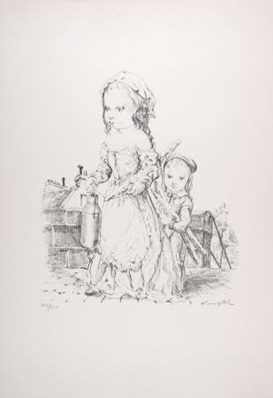 Lithographie Foujita - Jeune fille et l'Enfant à la baguette et au pot, 1954 - Hand-signed