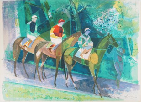 Lithographie Hilaire - Jockeys en promenade