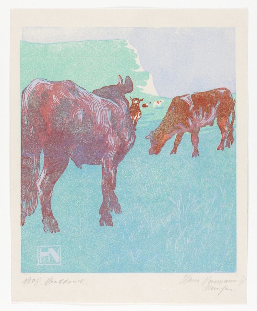 Gravure Sur Bois Neumann - Jungbullen auf der Weide (Young bulls in the pasture)