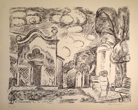 Lithographie Purrmann - Kapelle und Brunnen in Levanto