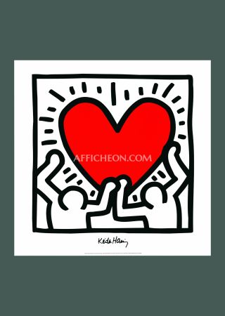 Lithographie Haring - Keith Haring: 'Untitled (Figures with Red Heart)' 1988 Offset-lithograph