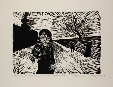 Gravure Sur Bois Grundig - Kleines Mädchen auf der Straße (Young Girl in the Street)