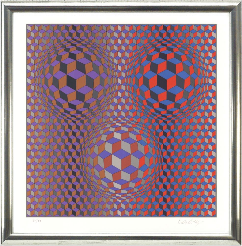 Lithographie Vasarely - Komposition in Rot und Violett