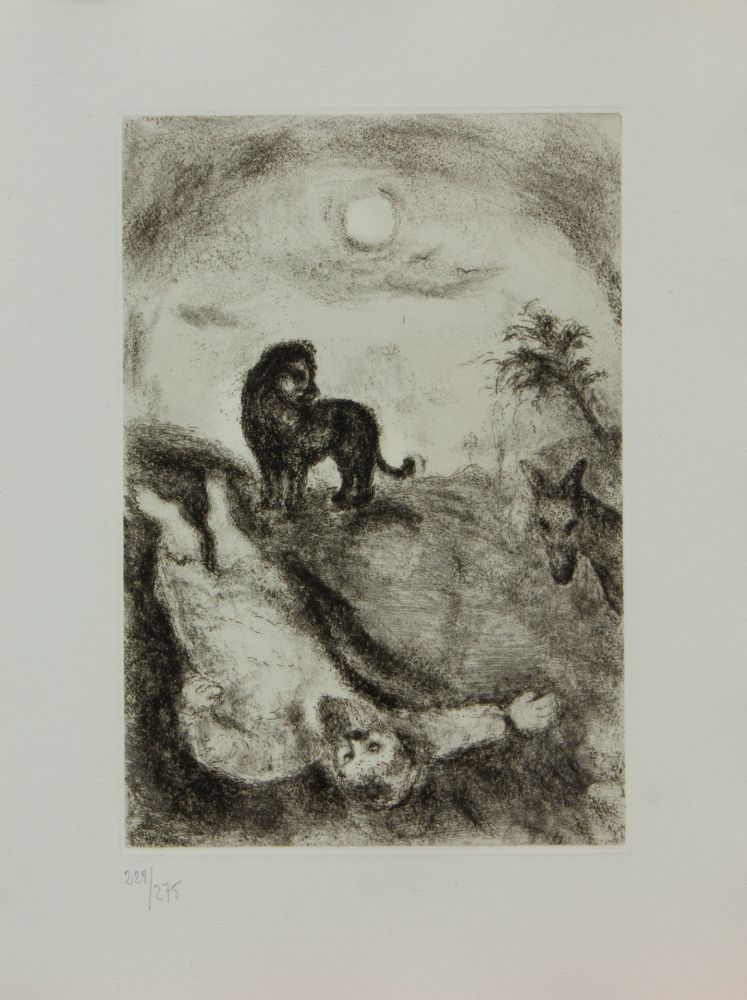Gravure Chagall - LA BIBLE ( PROPHETE TUE PAR UN LION )