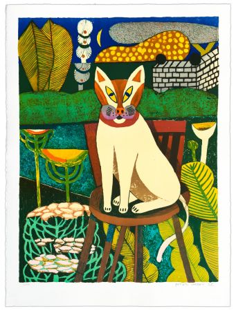Lithographie Larsen - La Chat dans le Jardin
