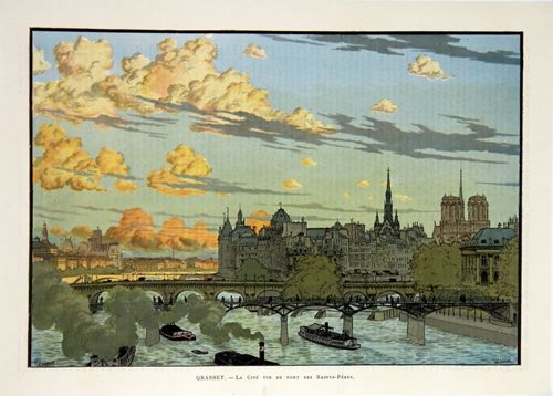 Lithographie Grasset - La Cité Vue du Pont des Saint Pères