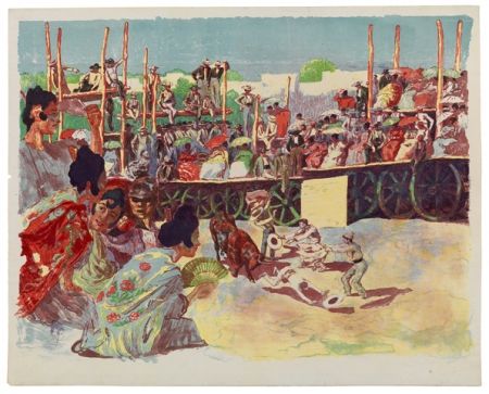 Lithographie Lunois - La Corrida:  Une corrida à la campagne (A Country Bullfight)