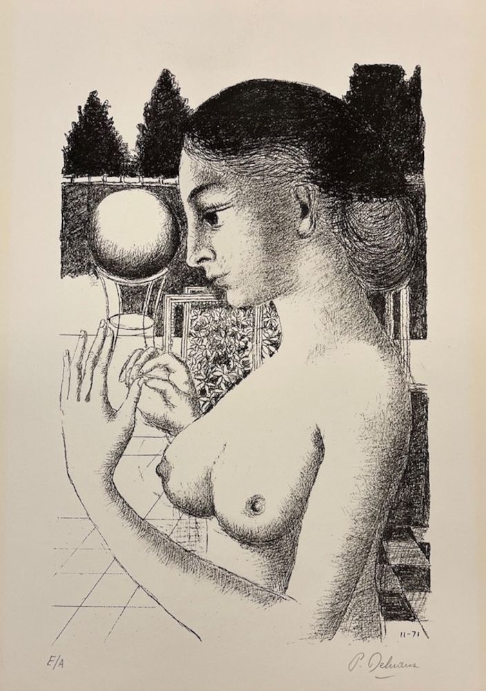 Lithographie Delvaux - La femme a la boule