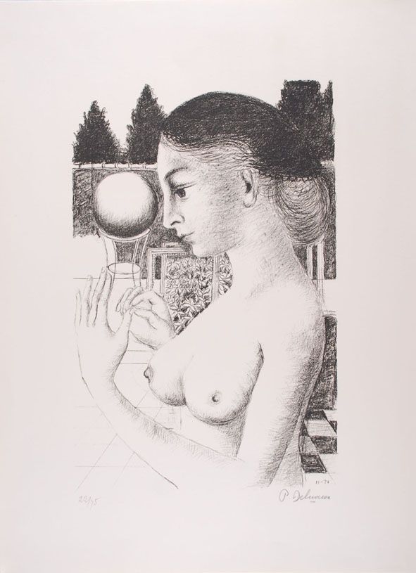 Lithographie Delvaux - La Femme à la Boule