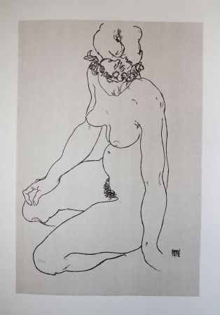 Lithographie Schiele - LA  FILLE A GENOUX / THE GIRL ON THE KNEES (Edith Harms) - Lithographie / Lithograph - 1913