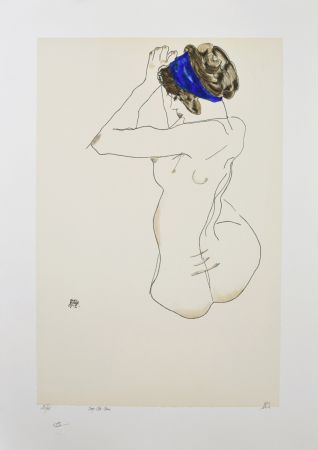 Lithographie Schiele - La fille au turban bleu, 1912 / The girl with blue headband, 1912