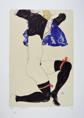 Lithographie Schiele - La fille aux bas noirs et jarretières rouges, 1913 | The girl with black stockings and red garters, 1913