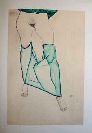 Lithographie Schiele - LA FILLE AUX BAS VERTS / THE GIRL IN THE LOW GREEN - Lithographie / Lithograph - 1913