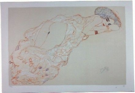 Lithographie Klimt - La fille en robe longue