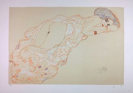 Lithographie Klimt - La fille en robe longue / Reclining Nude Lying on Her Stomach and Facing Right / Auf dem Bauch liegender Halbakt nach rechts - 1910 