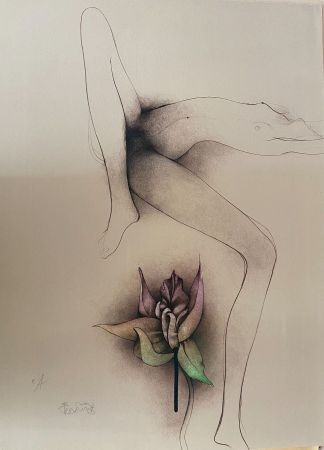 Lithographie Bruni - La fleur du bien -Frauenakt mit Blüte