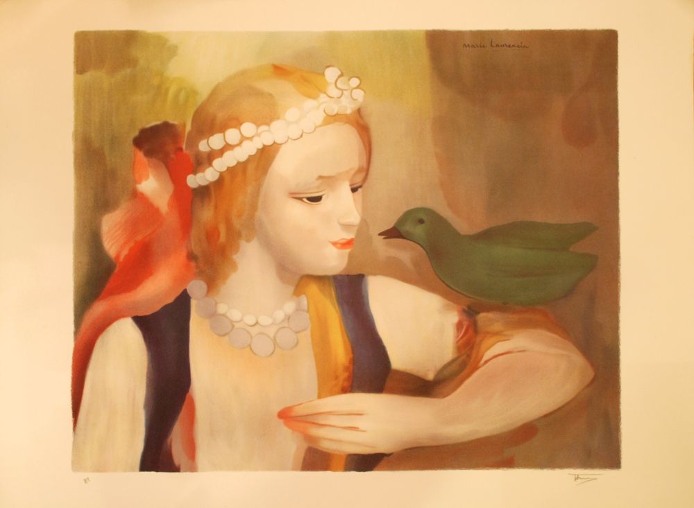 Lithographie Laurencin - La jeune fille à l'oiseau