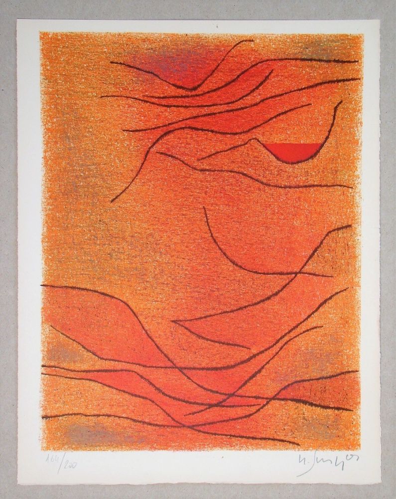 Lithographie Singier - La mer au coucher du soleil