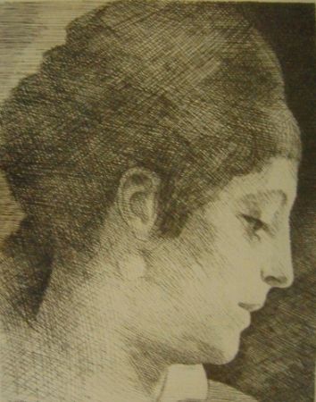 Gravure Marcoussis - La mère de l'artiste, jeune, de profil