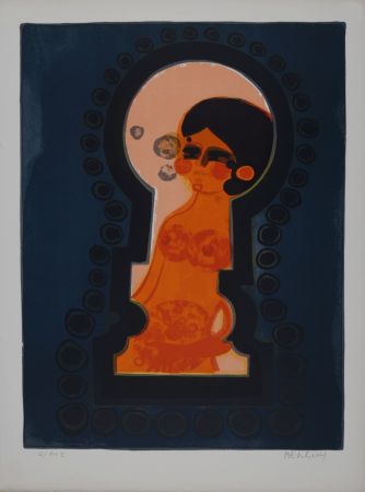 Lithographie Menguy - La serrure, Les Angéliques, 1975