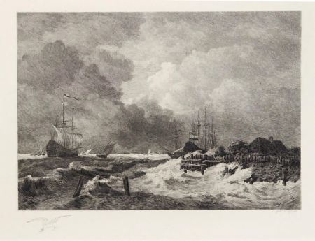 Gravure Huet - La tempête (The Storm) [with] Brisants, Granville (Breakers, Granville)