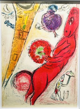 Lithographie Chagall - La Tour Eiffel à l'âne. 