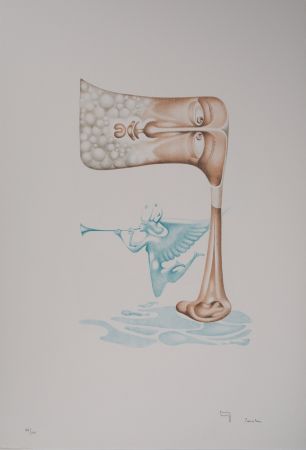 Lithographie Pérahim - L'Alphabet Hébreu : Homme et trompette céleste