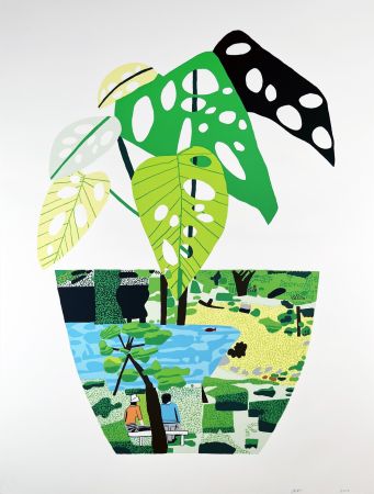 Sérigraphie Wood - Landscape Pot with Plant