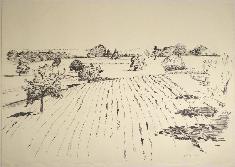 Lithographie Eble - Landschaft mit Acker