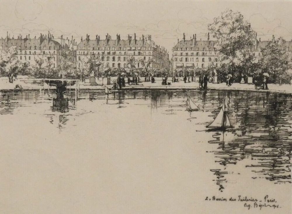 Gravure Bejot - Le bassin des Tuileries