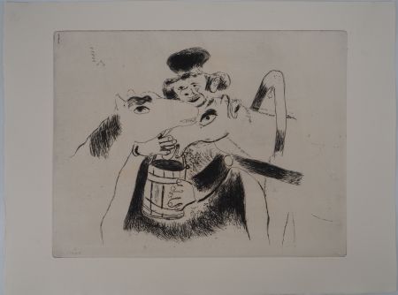 Gravure Chagall - Le cocher et ses chevaux (Le cocher donne à manger à ses chevaux)
