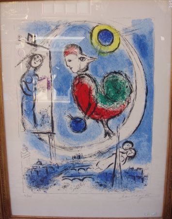 Lithographie Chagall - Le coq sur Paris 