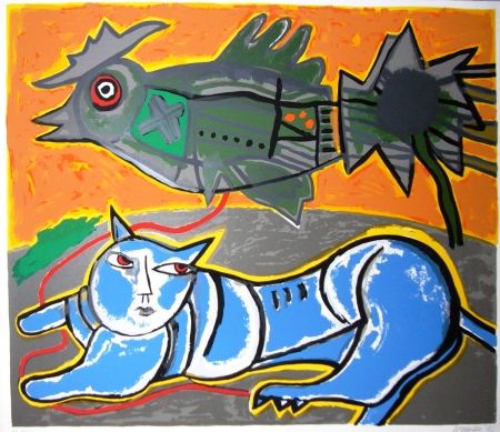 Sérigraphie Corneille - Le grand chat bleu et l'oiseau