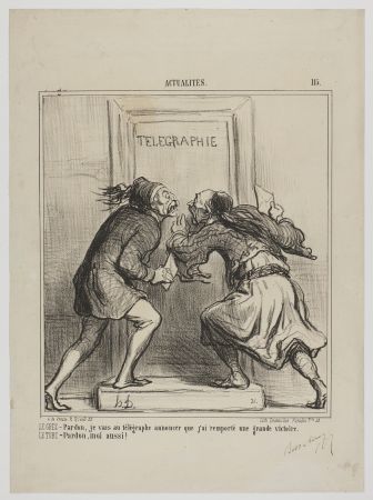 Lithographie Daumier - LE GREC - Pardon, je vais au télégraphe annoncer que j'ai remporté une grande victoire. LE TURC - Pardon, moi aussi! 