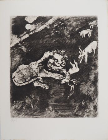 Gravure Chagall - Le lion fourbe (La Génisse, la Chèvre, et la Brebis, en société avec le Lion)