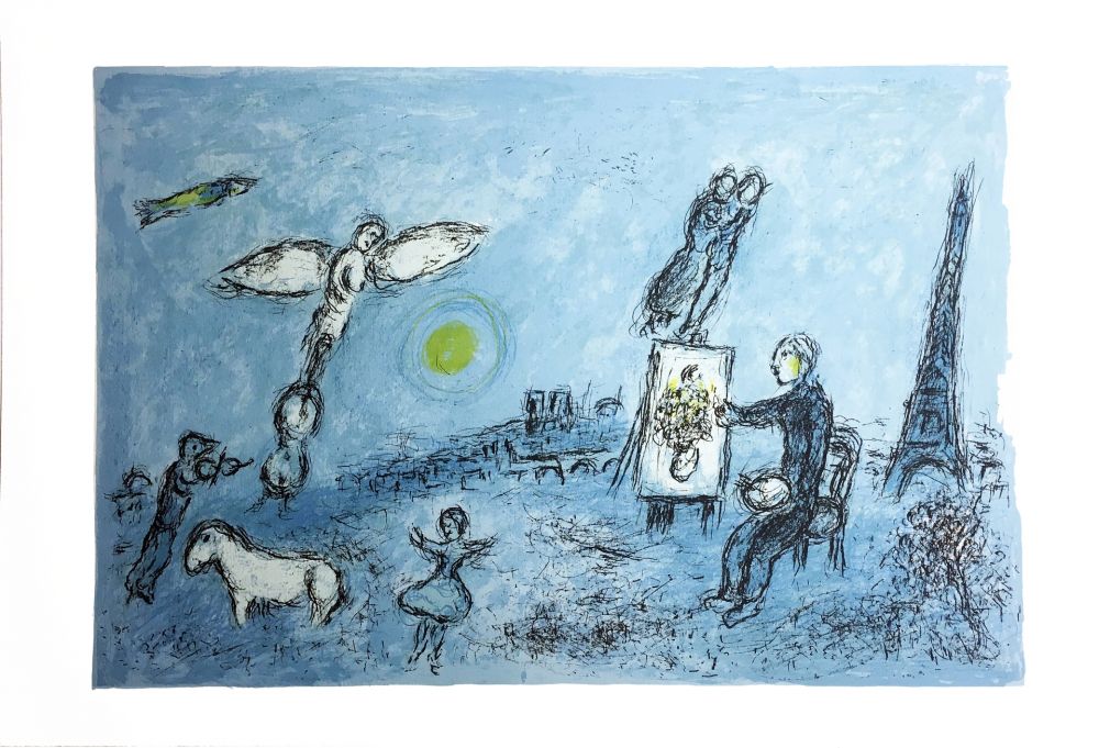 Lithographie Chagall - LE PEINTRE ET SON DOUBLE (Épreuve à plat sur Arches). 1981.