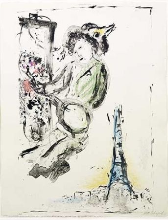 Lithographie Chagall - Le peintre sur Paris