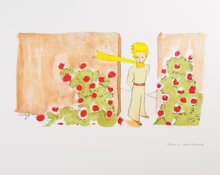 Lithographie Saint-Exupéry - Le Petit Prince dans le jardin des roses