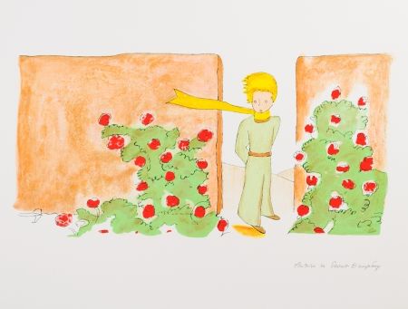 Lithographie Saint-Exupéry - Le Petit Prince dans le jardin des roses