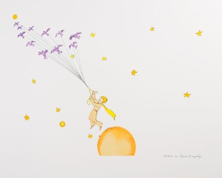 Lithographie Saint-Exupéry - Le Petit Prince en route vers une autre planète