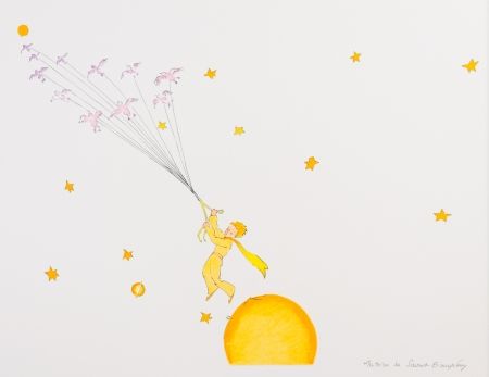 Lithographie Saint-Exupéry - Le Petit Prince en route vers une autre planète