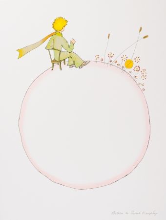 Lithographie Saint-Exupéry - Le Petit Prince et le coucher de soleil