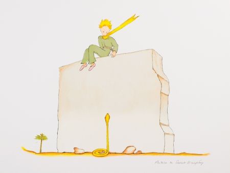 Lithographie Saint-Exupéry - Le Petit Prince et le serpent au pied du mur