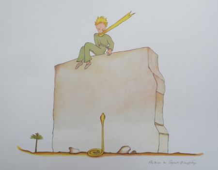Lithographie Saint-Exupéry - Le petit prince et le serpent au pied du mur