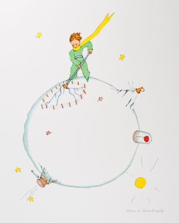 Lithographie Saint-Exupéry - Le Petit Prince et le volcan