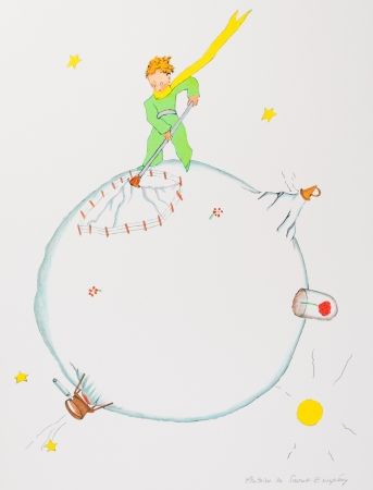 Lithographie Saint-Exupéry - Le Petit Prince et le volcan