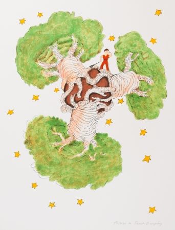 Lithographie Saint-Exupéry - Le Petit Prince et les baobabs