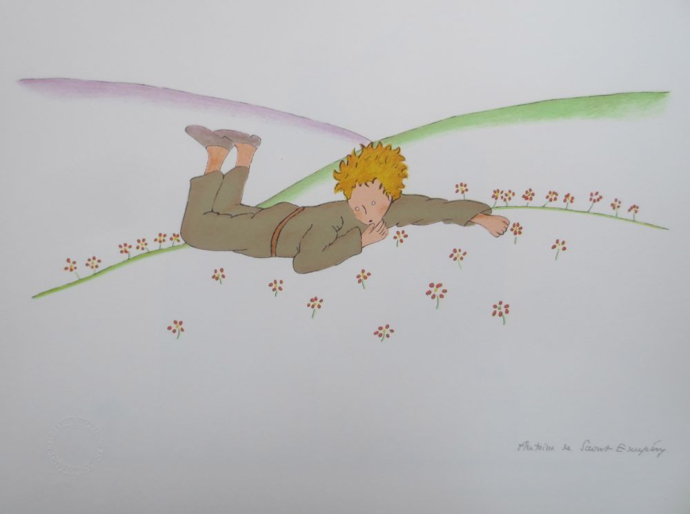 Lithographie Saint-Exupéry - Le petit prince parmi les fleurs