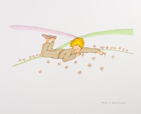 Lithographie Saint-Exupéry - Le Petit Prince parmi les fleurs